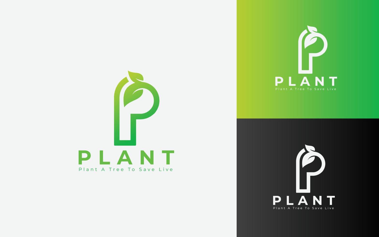 baumplantage-logo-design, bio-pflanze, biologie-logo, ökologie-naturelementvektor, baumblatt-logo, buchstabe p-logo. vektor