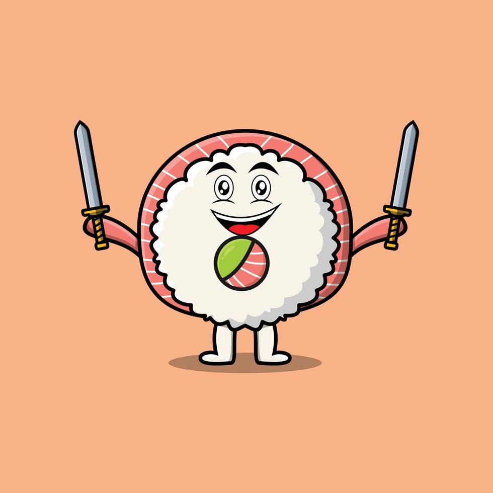 Cartoon-Reis-Sushi-Rollen Sashimi mit zwei Schwertern vektor