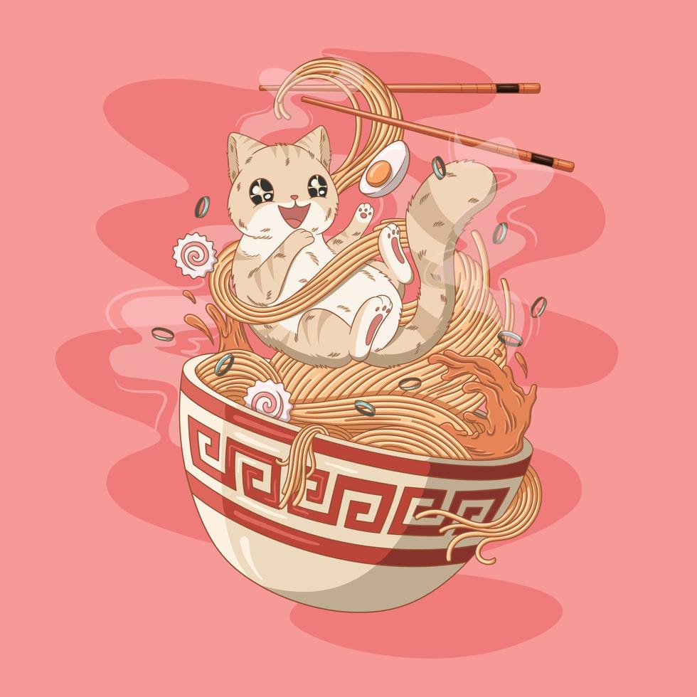 süße katze ramen nudeln japanische illustration vektor