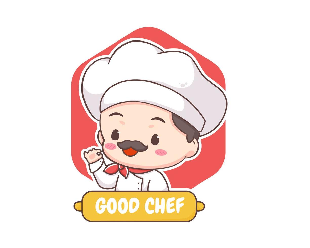 niedliche chef-logo-maskottchen-zeichentrickfigur. leute, essen, symbol, begriff, freigestellt, auf, white. vektor