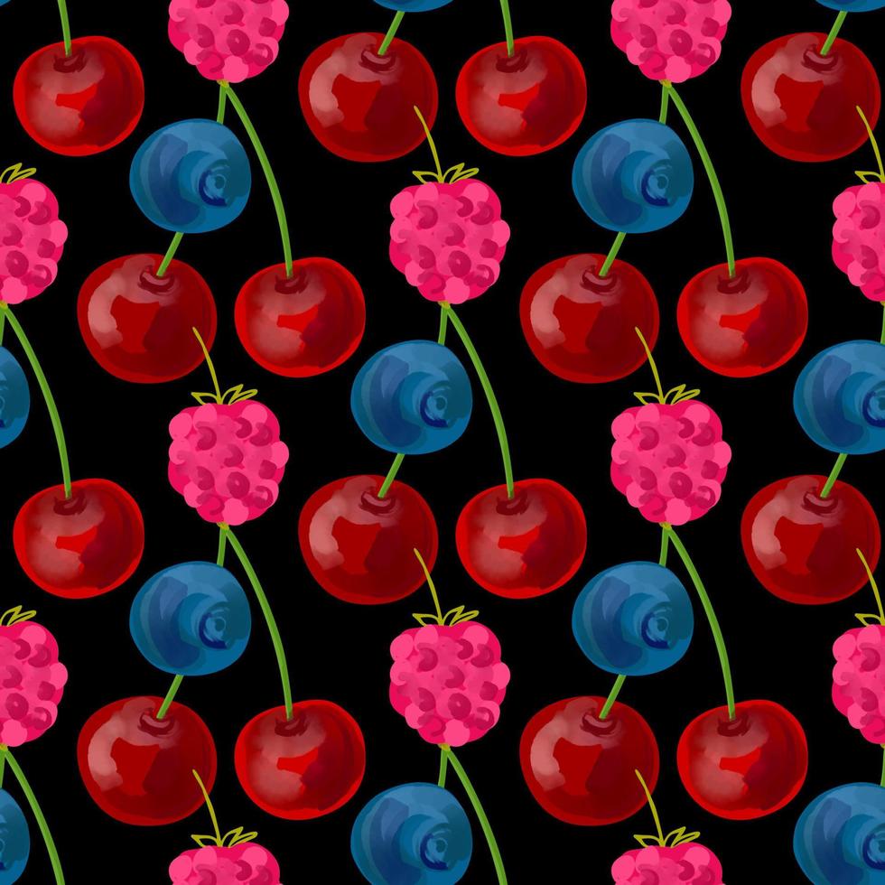 sömlös mönster med illustration av körsbär hallon och blåbär på en svart bakgrund vektor