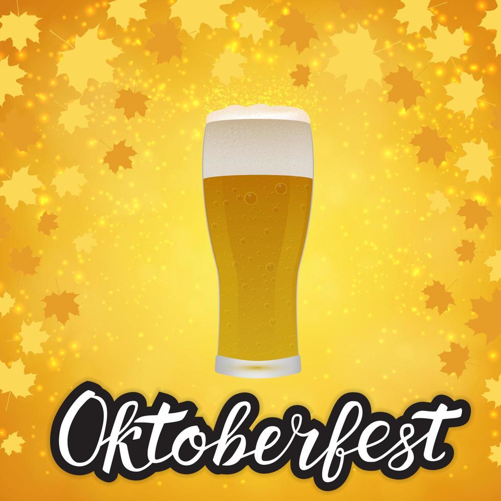 glas av öl på ljus gul orange bakgrund med falla löv och hand dragen text oktoberfest. lageröl öl skumma och bubblor. pub eller bar vektor illustration.