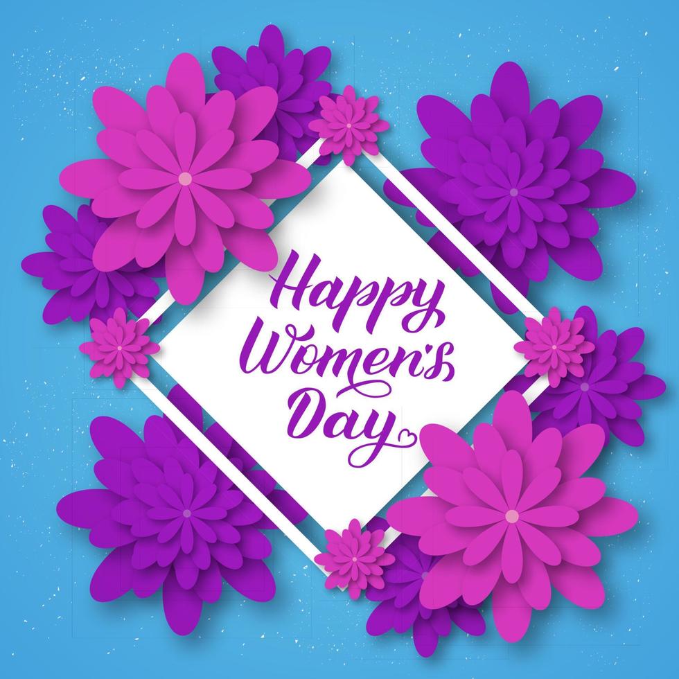 Happy Womens Day Kalligrafie-Schriftzug mit Papierschnittblumen. Origami-Stil-Vektor-Illustration. Banner zum internationalen Frauentag mit Blumen, Poster, Partyeinladungen, Grußkarten usw vektor