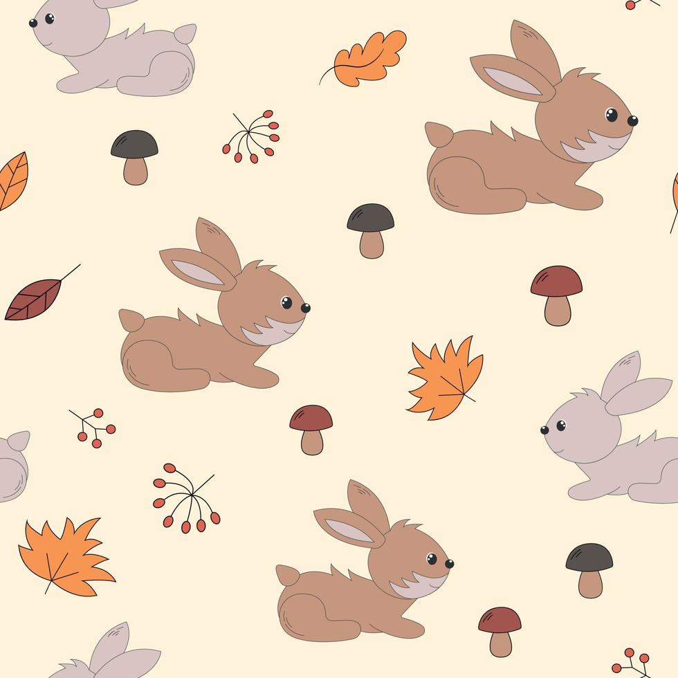 nahtloses muster des niedlichen kaninchens des vektors. kleiner Wildtierhintergrund mit Blättern, Beeren und Pilzen für Kinder. Thanksgiving süßes Muster. vektor
