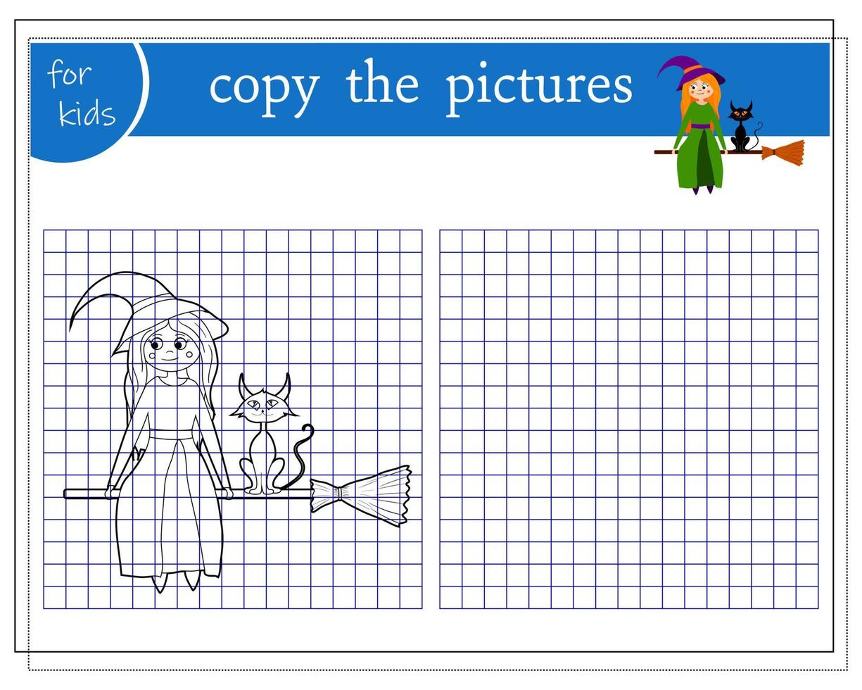 Kopieren Sie das Bild, Lernspiele für Kinder, Cartoon-Hexe, die mit einer Katze auf einem Besen fliegt. Vektor isoliert auf weißem Hintergrund