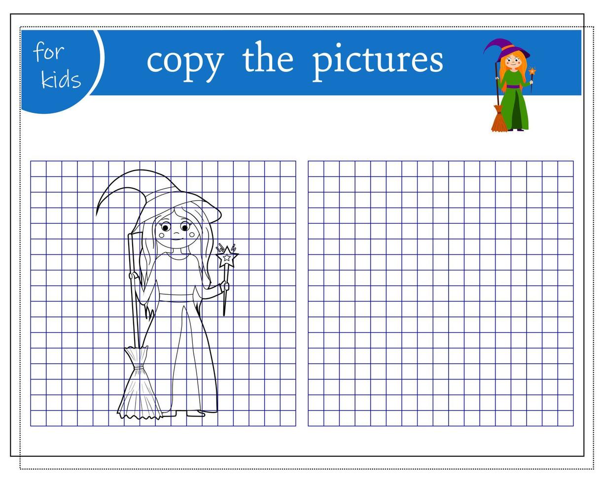 kopia de bild, pedagogisk spel för barn, tecknad serie häxa står med en kvast. vektor isolerat på en vit bakgrund