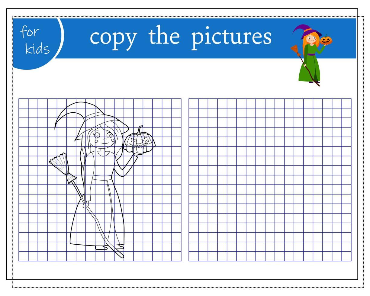 Kopieren Sie das Bild, Lernspiele für Kinder, Cartoon-Hexe mit Kürbis. Vektor isoliert auf weißem Hintergrund