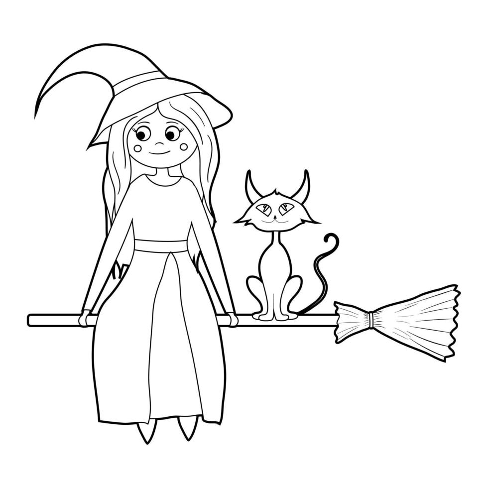 Malbuch für Kinder, Cartoon-Hexe, die mit einer Katze auf einem Besen fliegt. Vektor isoliert auf weißem Hintergrund.