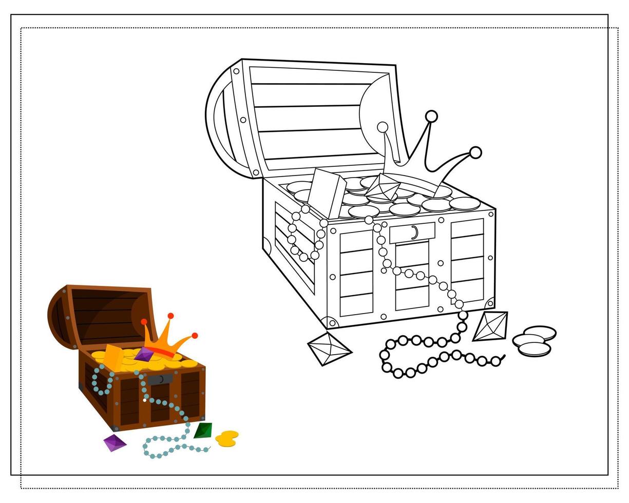 Malbuch für Kinder, eine Schatztruhe. Vektor isoliert auf weißem Hintergrund.