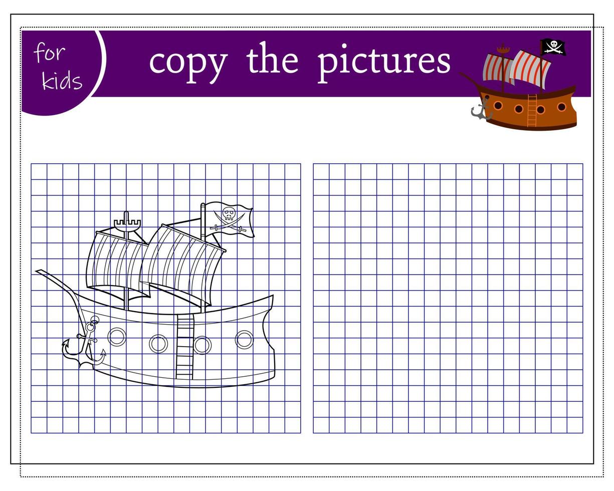 Kopieren Sie das Bild, Lernspiele für Kinder, Piratenschiff. Vektor isoliert auf weißem Hintergrund.