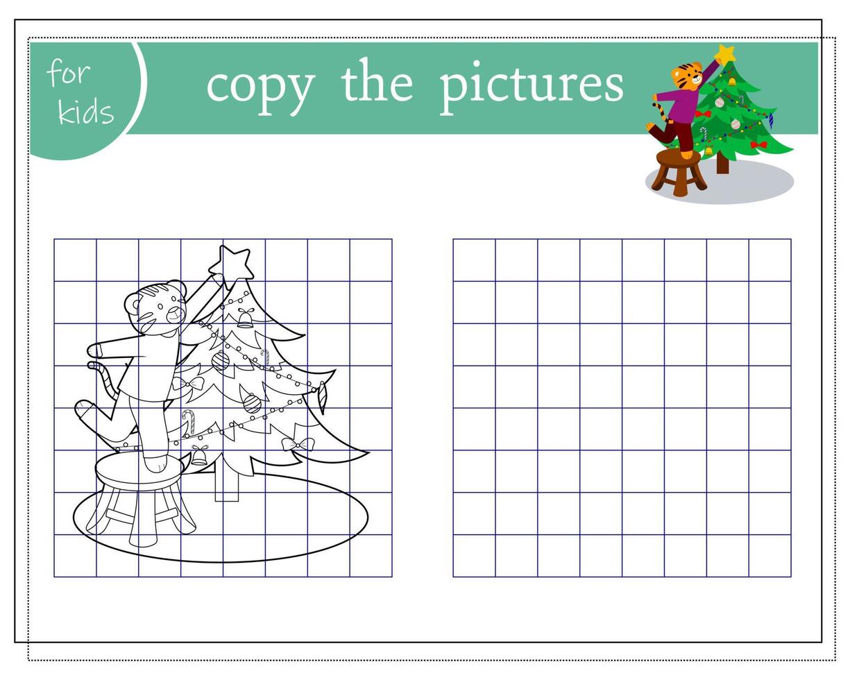 Kopieren Sie das Bild, Lernspiele für Kinder, Cartoon-Tiger schmückt den Weihnachtsbaum. Vektor isoliert auf weißem Hintergrund