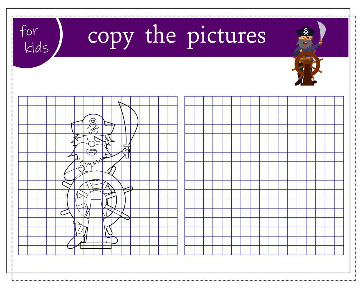 Kopieren Sie das Bild, Lernspiele für Kinder, Cartoon-Pirat steuert das Schiff. Vektor isoliert auf weißem Hintergrund