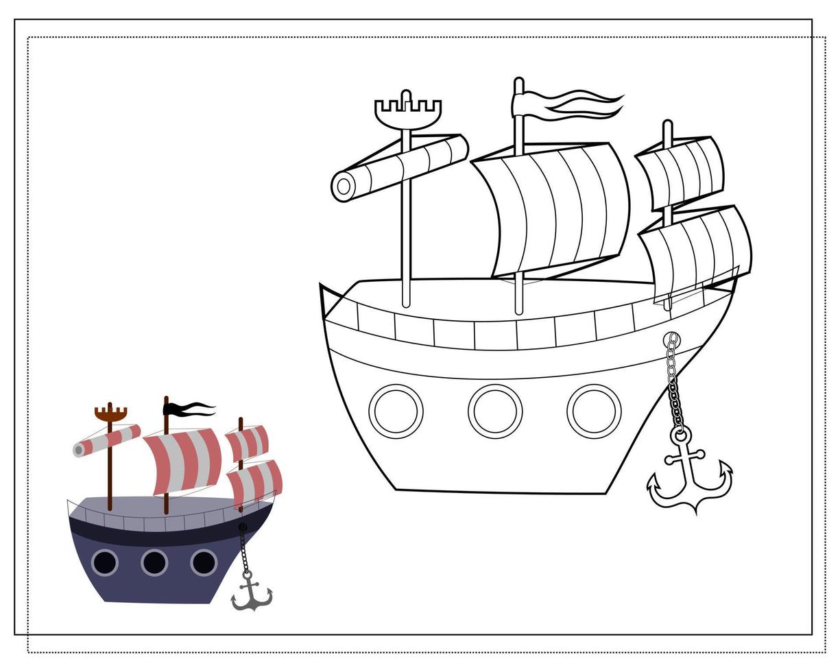 Malbuch für Kinder, Piratenschiff. Vektor isoliert auf weißem Hintergrund.