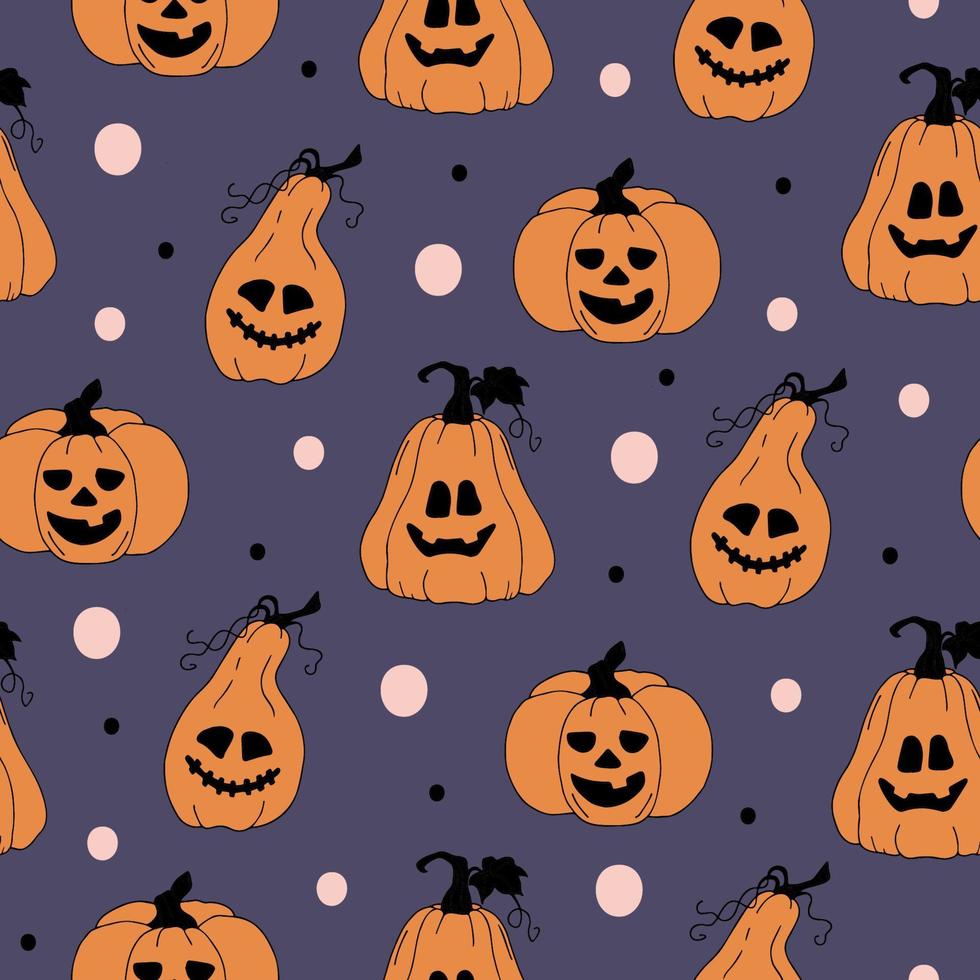 Fröhliches Halloween . nahtloses Muster für Halloween. orangefarbene Kürbisse mit Gesichtern auf violettem Hintergrund. Kürbislaterne. Vektor-Illustration vektor