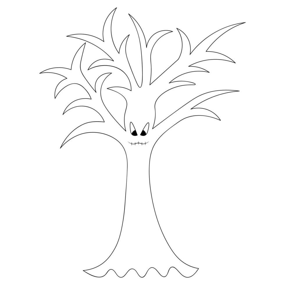 ominöser Baum. skizzieren. eine unheimliche Grimasse. Der Mund ist zugenäht. gebogene Zweige. Halloween-Symbol. wütender Gesichtsausdruck. Allerheiligen. vektor