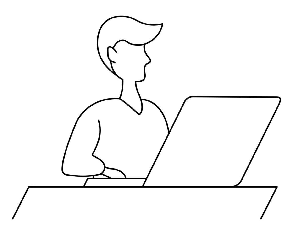 Ein Student arbeitet an einem Laptop, sitzt an einem Tisch und tippt auf einer Tastatur, ein junger Mann im Doodle-Stil vektor