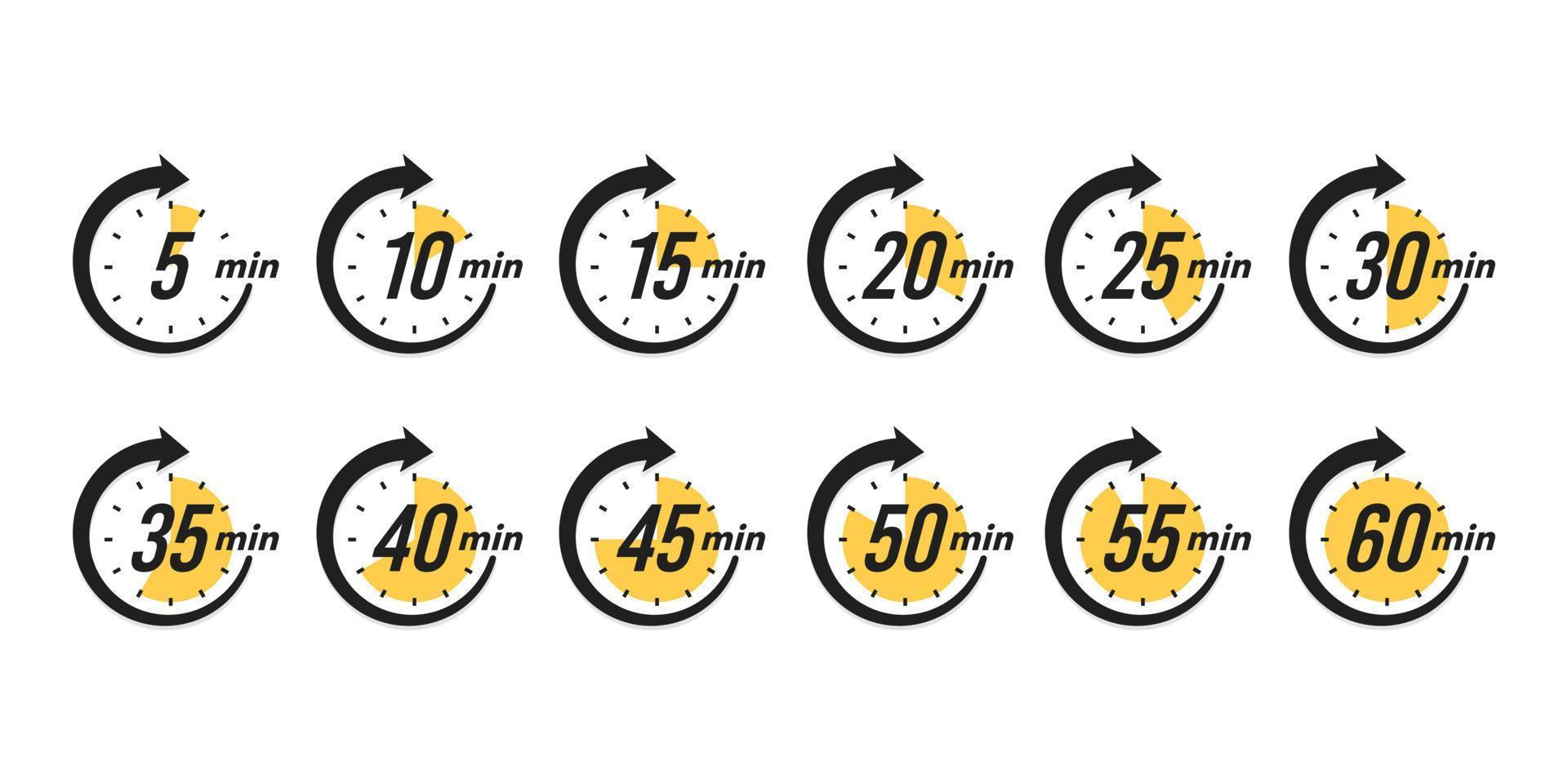 Satz Stoppuhren. Die Stoppuhr zählt auf die Minuten herunter. Pfeil, gelb vektor