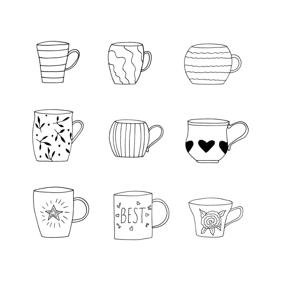 Tassen Set handgezeichnet im Doodle-Stil. vektor, minimalismus, monochrom, skandinavisch. Icon-Aufkleber vektor