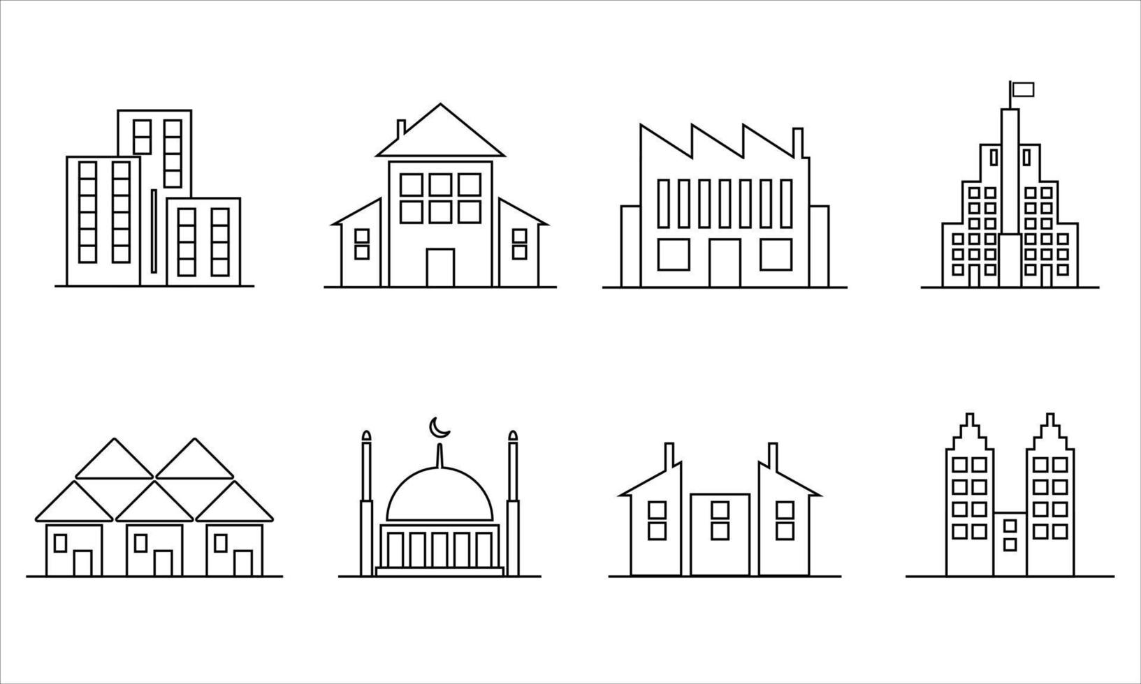 ikon uppsättning, byggnad, fabrik, moské, lång byggnad, hus, tillbaka till skola vektor