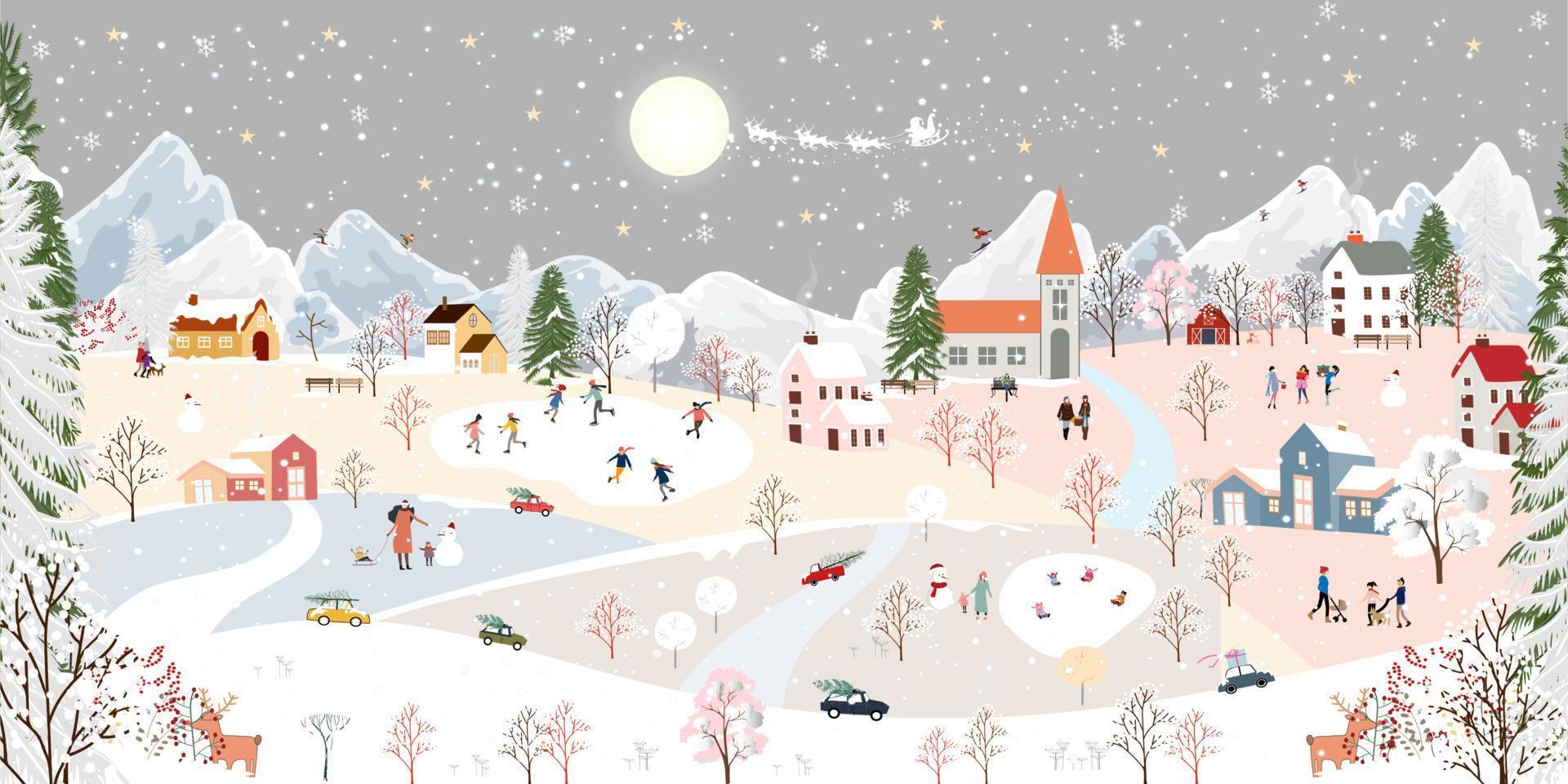 Winterwunderland-Landschaftshintergrund nachts mit Leuten, die Spaß in der Stadt an Neujahr haben, Weihnachtstag im Dorf mit Menschenfeier, Kinder, die Schlittschuh spielen, Teenager, die auf dem Berg Ski fahren vektor