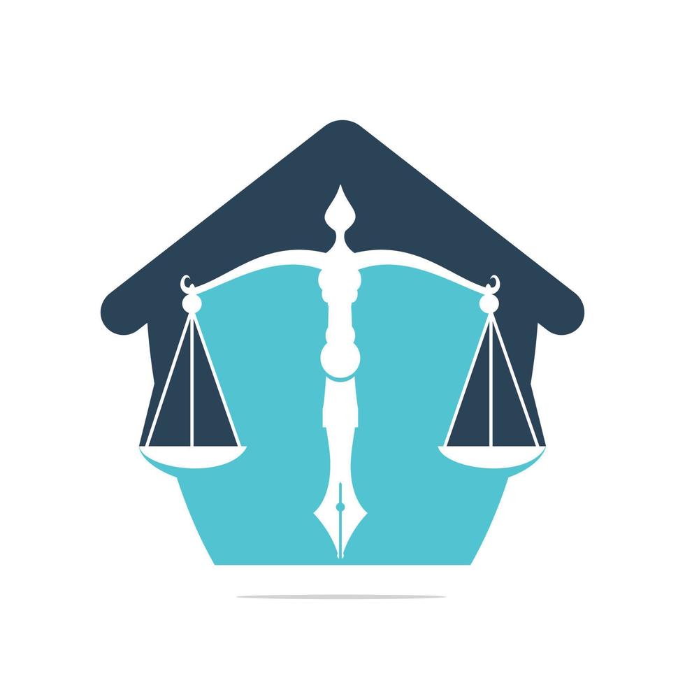 hus av lag logotyp vektor med rättslig balans symbolisk av rättvisa skala i en penna spets. Hem balans med penna spets vektor mall design.