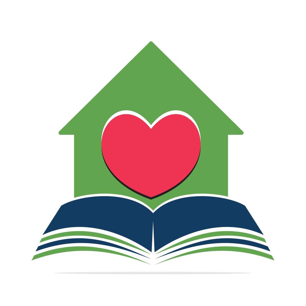 Logo-Vektordesign des Bildungszentrums für häusliche Pflege. Kombination aus Buch, Herz und Zuhause für sicheres Lernen. vektor