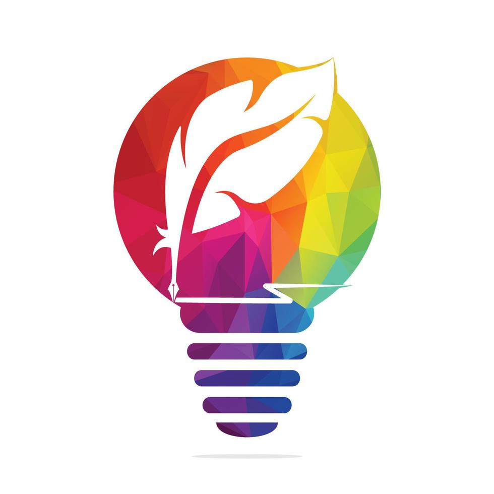 Glödlampa lampa gåspenna fjäder penna logotyp vektor design. författare ikon platt stil design med Färg för identitet, företag och knapp.