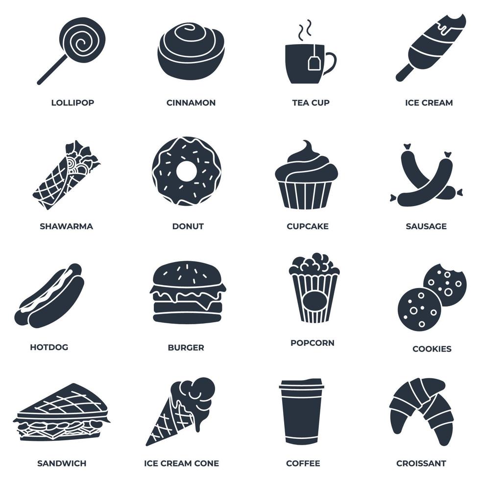 uppsättning av snabb mat ikon logotyp vektor illustration. is grädde, popcorn, munk, småkakor, kanel, varmkorv, te kopp och Mer packa symbol mall för grafisk och webb design samling