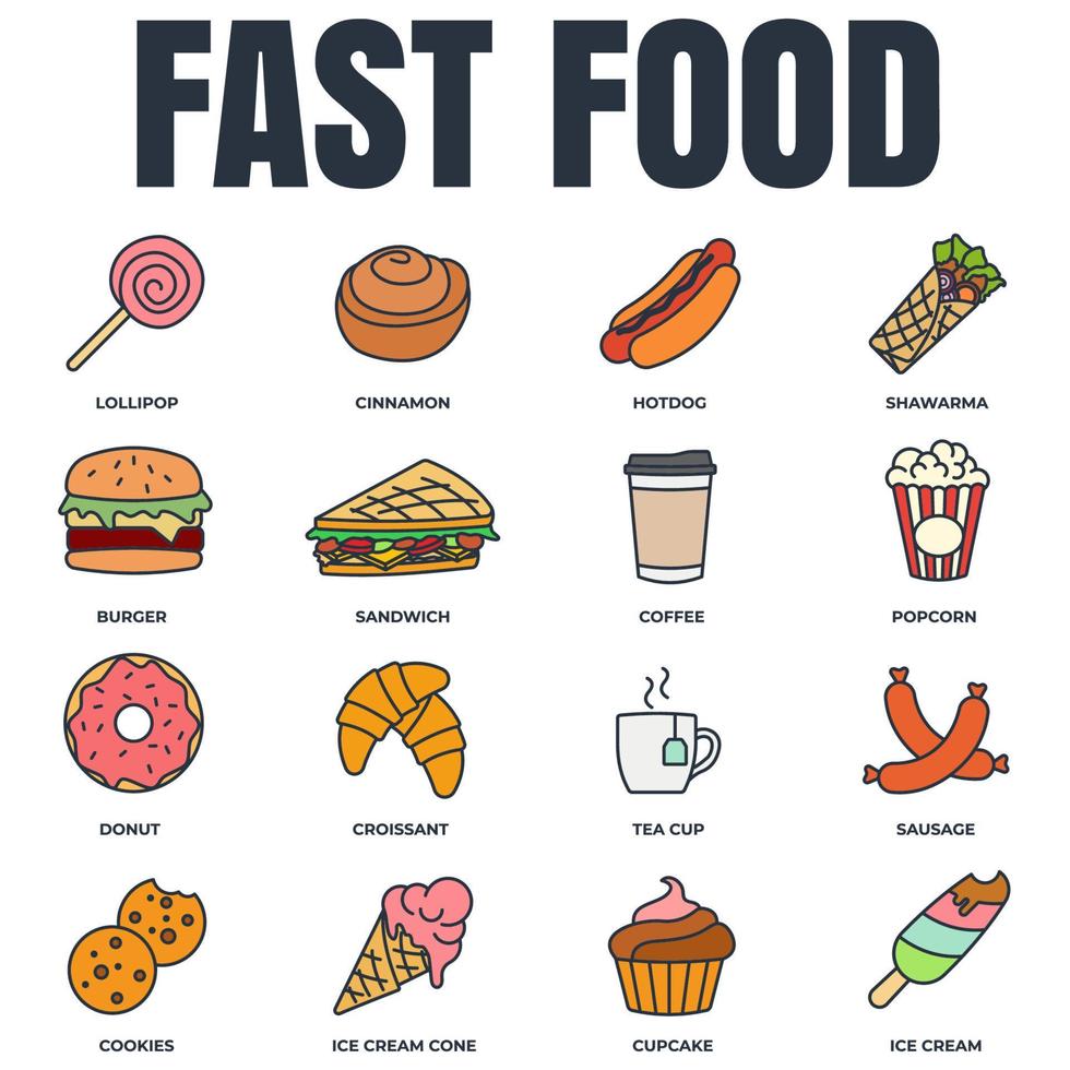 Satz von Fast-Food-Symbol-Logo-Vektor-Illustration. eis, popcorn, donut, kekse, zimt, hotdog, teetasse und mehr paketsymbolvorlage für grafik- und webdesignsammlung vektor