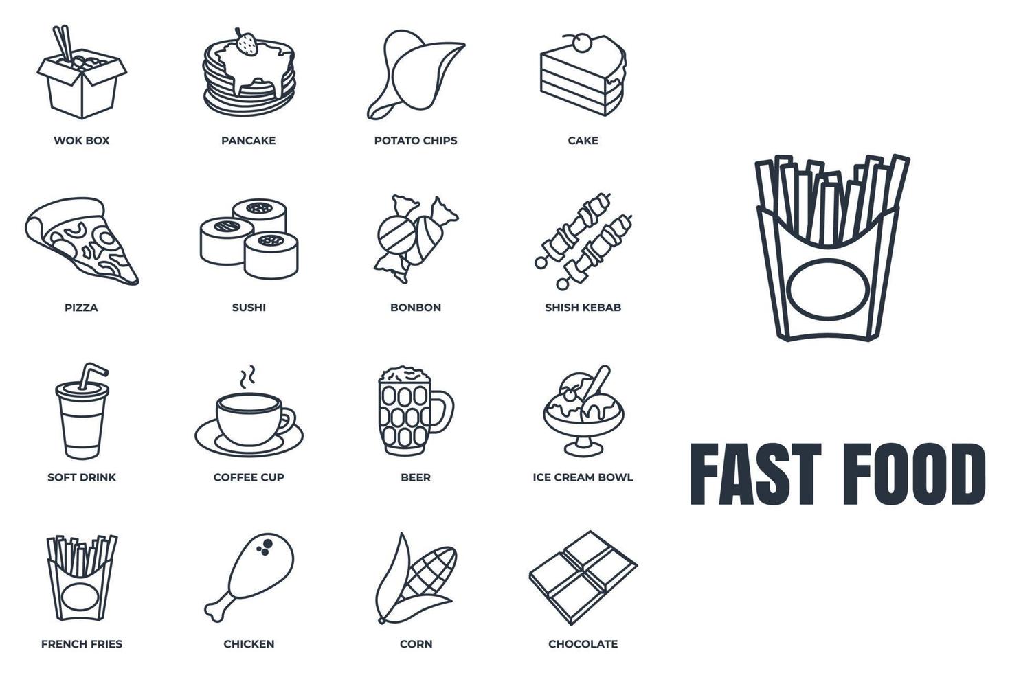 Satz von Fast-Food-Symbol-Logo-Vektor-Illustration. schokoriegel, alkoholfreies getränk, kaffeetasse, wokbox, sushi, pfannkuchen, bonbon und mehr paketsymbolvorlage für grafik- und webdesignsammlung vektor