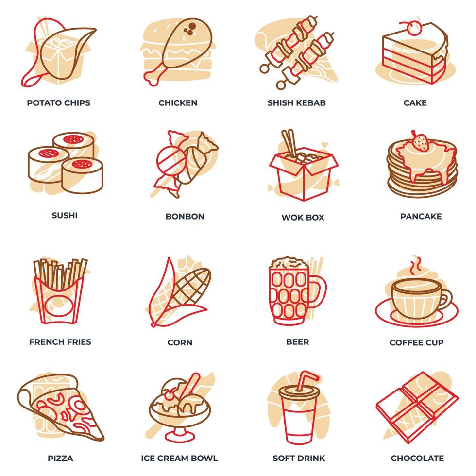 Satz von Fast-Food-Symbol-Logo-Vektor-Illustration. schokoriegel, alkoholfreies getränk, kaffeetasse, wokbox, sushi, pfannkuchen, bonbon und mehr paketsymbolvorlage für grafik- und webdesignsammlung vektor