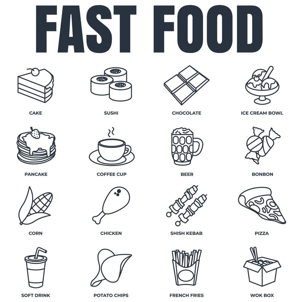 Satz von Fast-Food-Symbol-Logo-Vektor-Illustration. schokoriegel, alkoholfreies getränk, kaffeetasse, wokbox, sushi, pfannkuchen, bonbon und mehr paketsymbolvorlage für grafik- und webdesignsammlung vektor