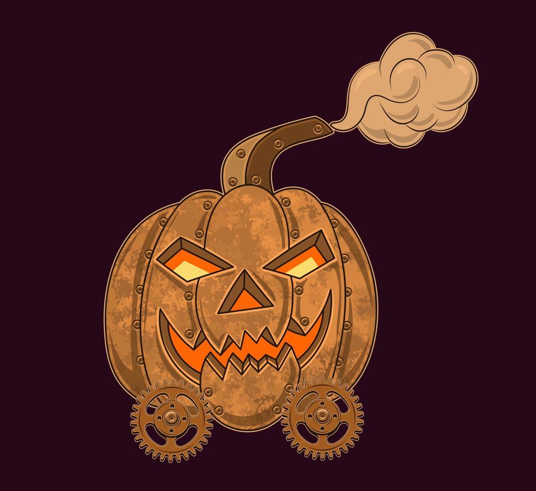 halloween-kürbis im steampunk-stil mit leuchtenden augen, grinsendem lächeln, gruseliger grimasse, dampf, zahnrädern. vektorillustration lokalisiert auf einem dunklen hintergrund. vektor