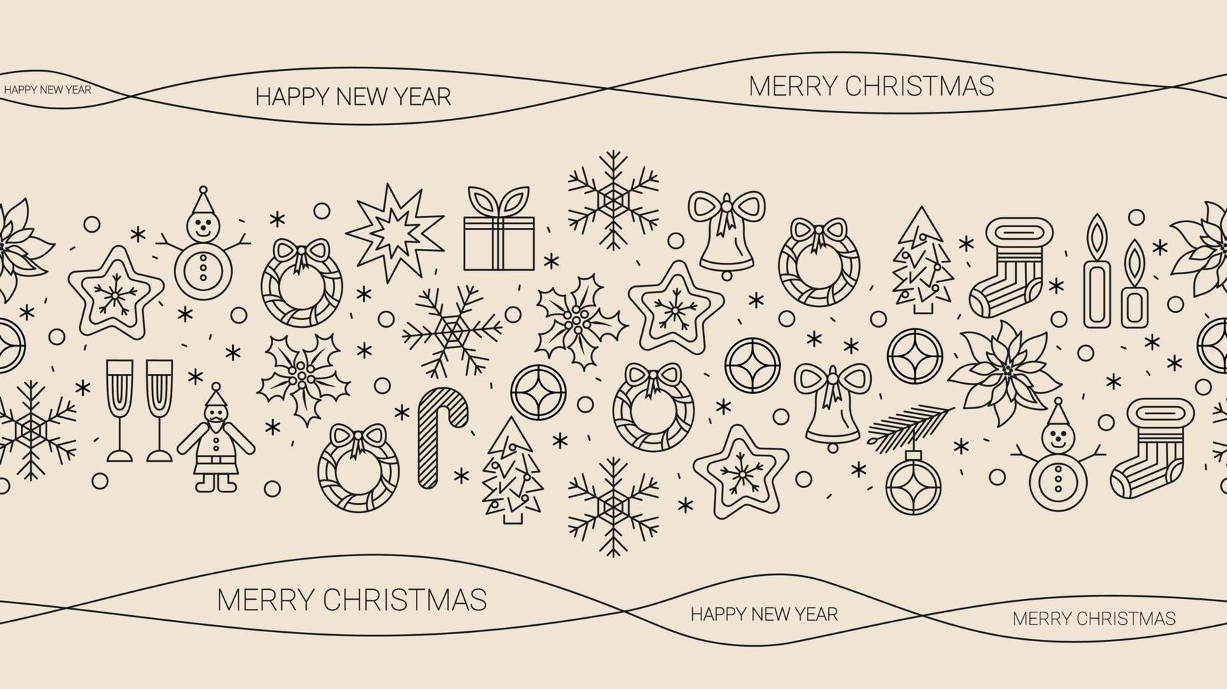 weihnachtsfahnenhintergrund mit linearen symbolen. semaless Rand. dunkle Kontur auf beigem Hintergrund. Vektor. vektor