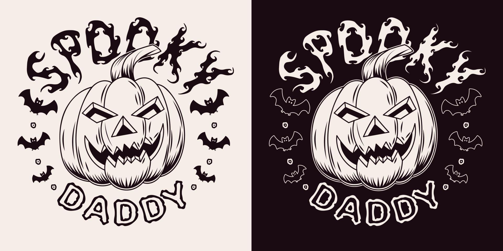 Rundes Vintage-Emblem mit Text Spooky Daddy, Silhouette der Fledermaus, Kürbiskopf stilisiert als großes männliches Gesicht. Feiertagsmonochromillustration auf einem dunklen, weißen Hintergrund vektor