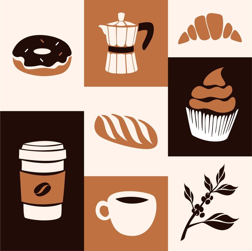 coffee och bageri uppsättning. kaffe, croissant, vattenkokare, mugg, muffin, bönor, mat och Barista Utrustning. vektor ikon uppsättning. restaurang branding mall, meny design