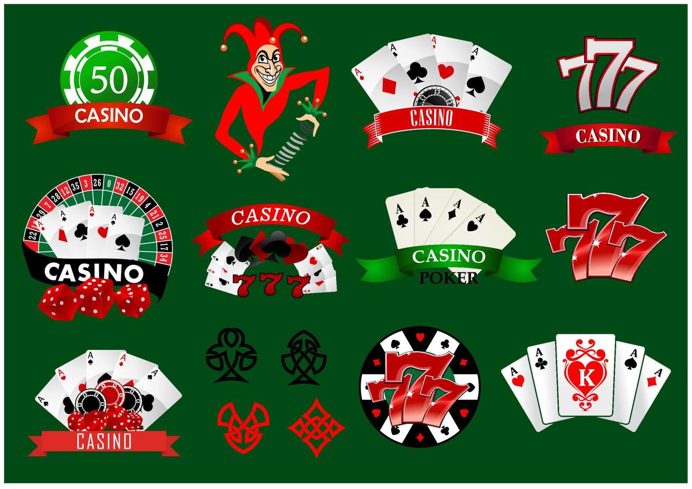 Reihe von bunten Casino-Icons und Emblemen vektor
