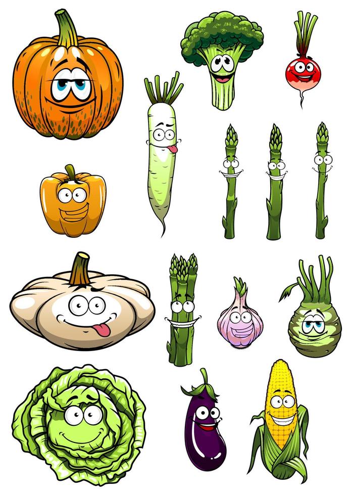 färgrik Lycklig trädgård grönsaker tecknad serie tecken vektor