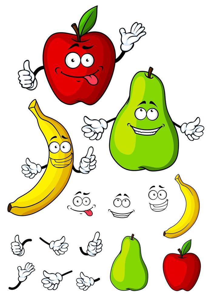 Lycklig tecknad serie päron, äpple och banan frukt vektor
