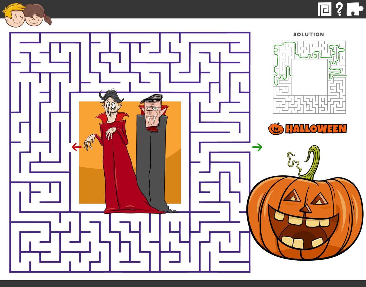 labyrinth mit cartoon-vampiren und kürbis zur halloween-zeit vektor