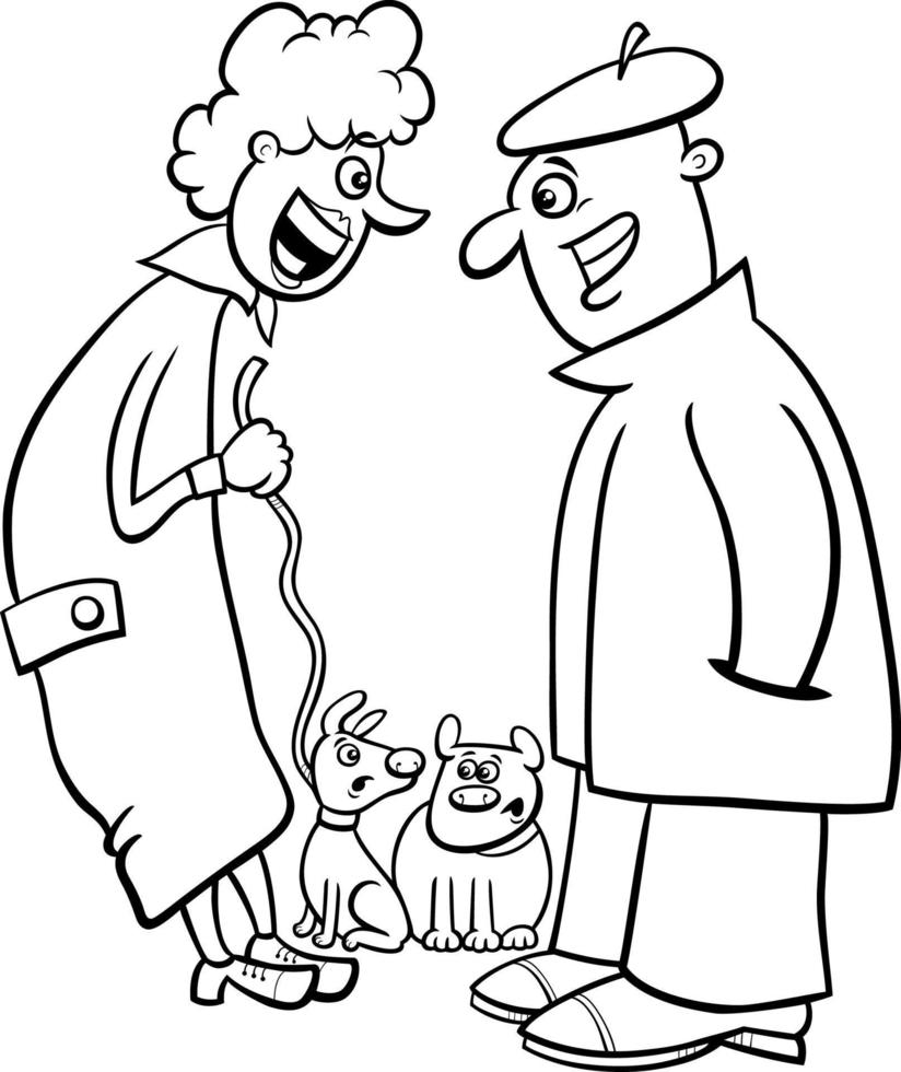 två tecknad serie hund ägare chattar på en promenad färg sida vektor