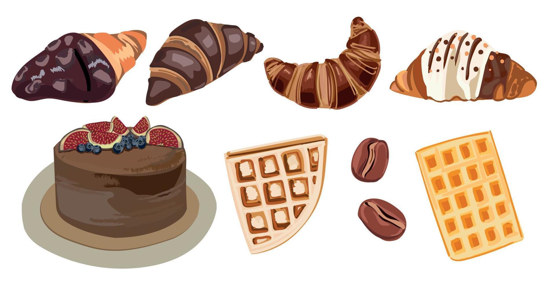 en uppsättning av bakad varor med choklad. croissanter, kaka och våfflor. vektor