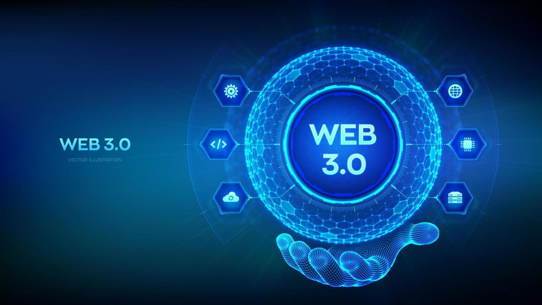 Web 3.0. neue generation des abstrakten konzepts des internets. Blockchain dezentrale Technologie. digitale kommunikation, KI und virtuelle technologie. Sechseckige Gitterkugel in Drahtgitterhand. Vektor. vektor