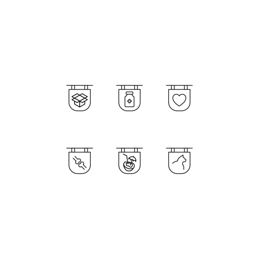 linje ikon samling av vektor tecken och svartvit symboler dragen med svart tunn linje. lämplig för affär, webbplatser, appar. låda, läkemedel, hjärta, knogar, cocktail, katt på skylt