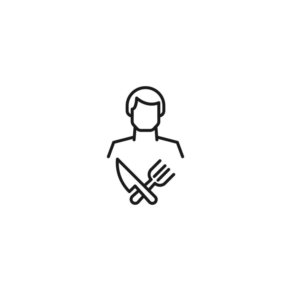 svartvit tecken dragen med svart tunn linje. modern vektor symbol perfekt för webbplatser, appar, böcker, banderoller etc. linje ikon av korsade gaffel och kniv Nästa till ansiktslös man