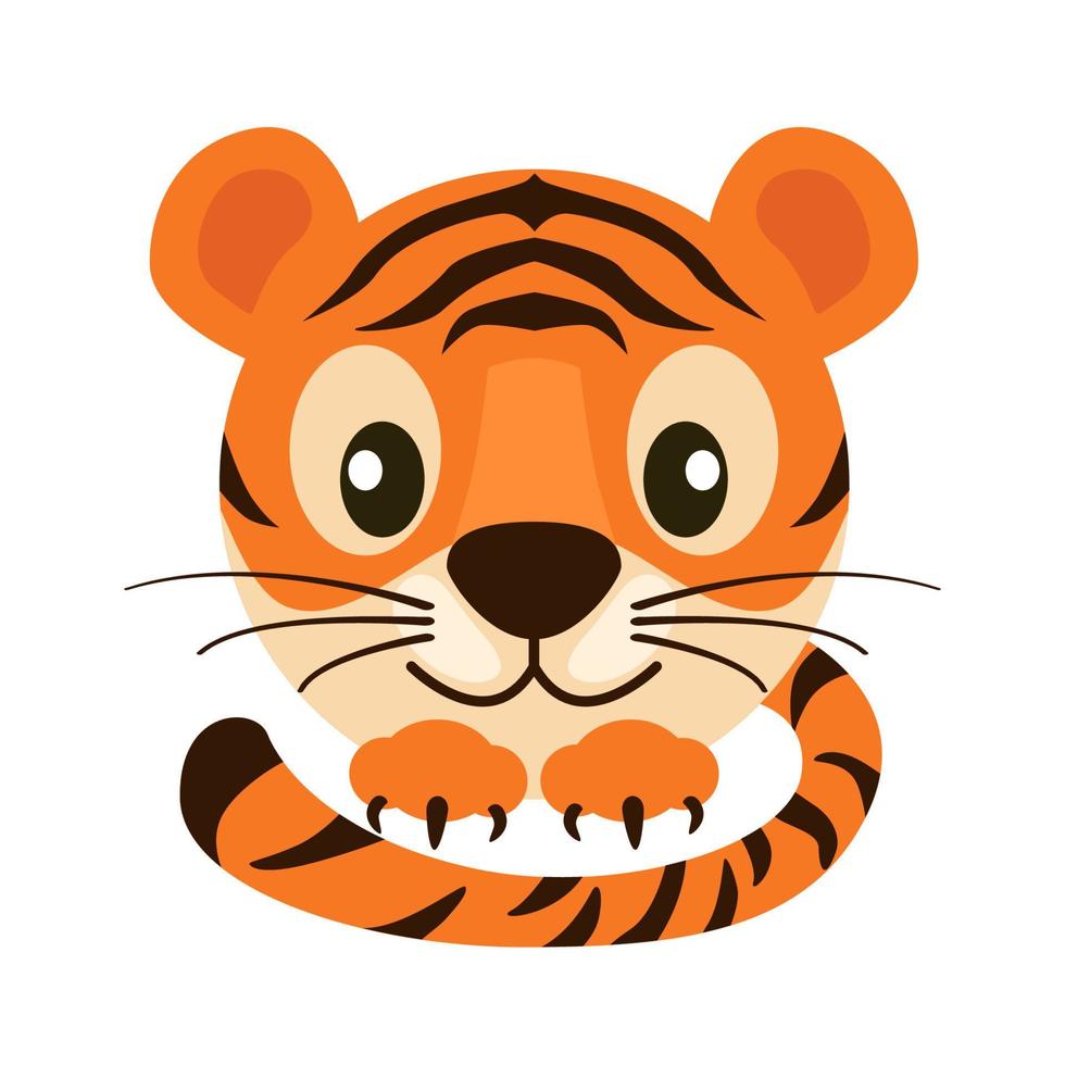 vykort tecknad serie ansikte tiger för grafisk design. vektor illustration orange söt randig tiger med tassar och svans.