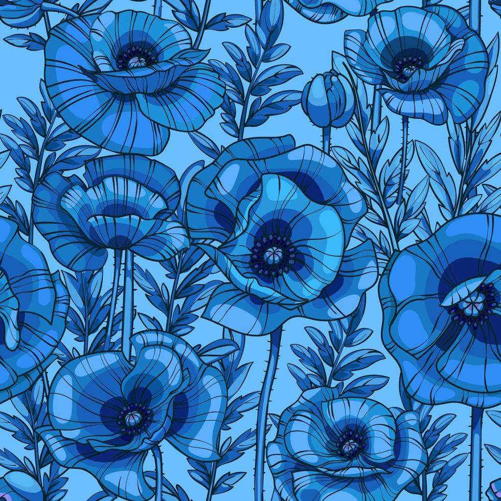 Veilchenblaue Mohnblumen nahtloses Vektormuster, Blumen, Blätter und Stängel vektor