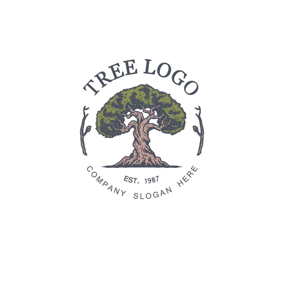 årgång träd vektor illustration logotyp design mall, hand dragen linje med digital Färg, vektor illustration