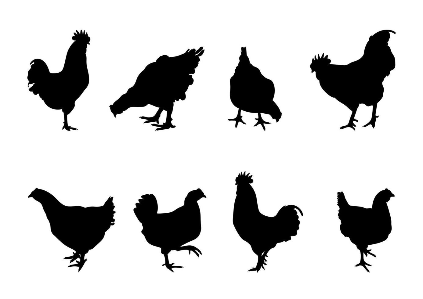 Hahn, Hähnchen, Hahn, Zwerghühner, Huhn, Henne, Küken im Stehen, verschiedene Packungen Vogelsilhouetten, isolierter Vektor