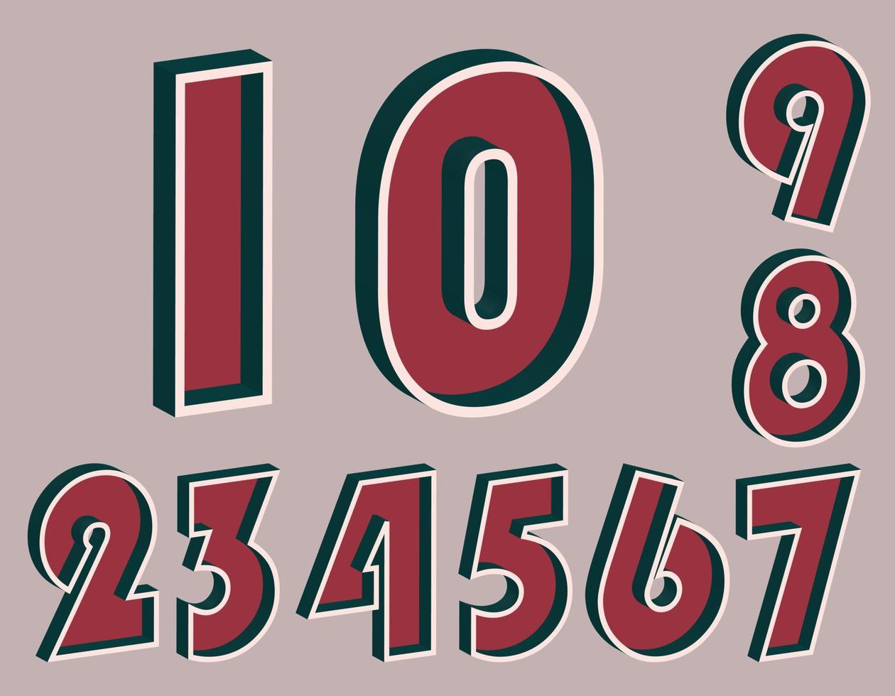 Zahlensatz von 0 bis 9 mit 3D-Effekt im Retro-Stil. gut rote und tiefe blaugrüne Farben vektor